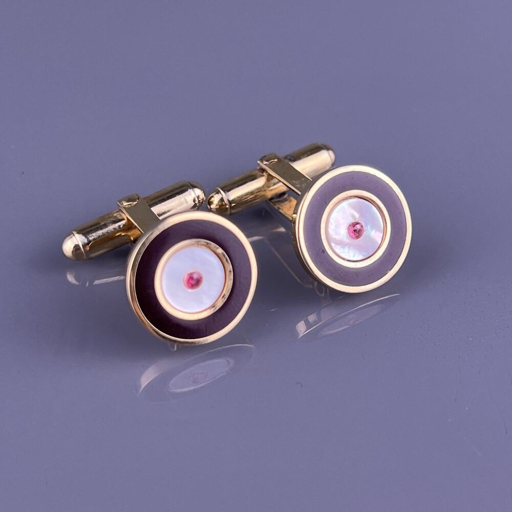 Mother of Pearl Red Rhinestone Cufflinks Gold Tone Enamel Small Round Vintage